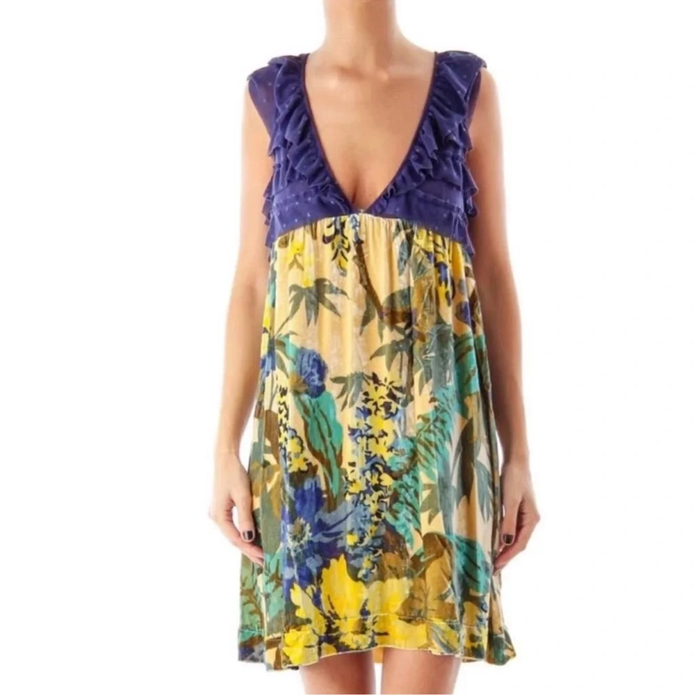 Free People Silk Blend Floral Velvet Sheer Swiss Dot Ruffled Babydoll Dress XS